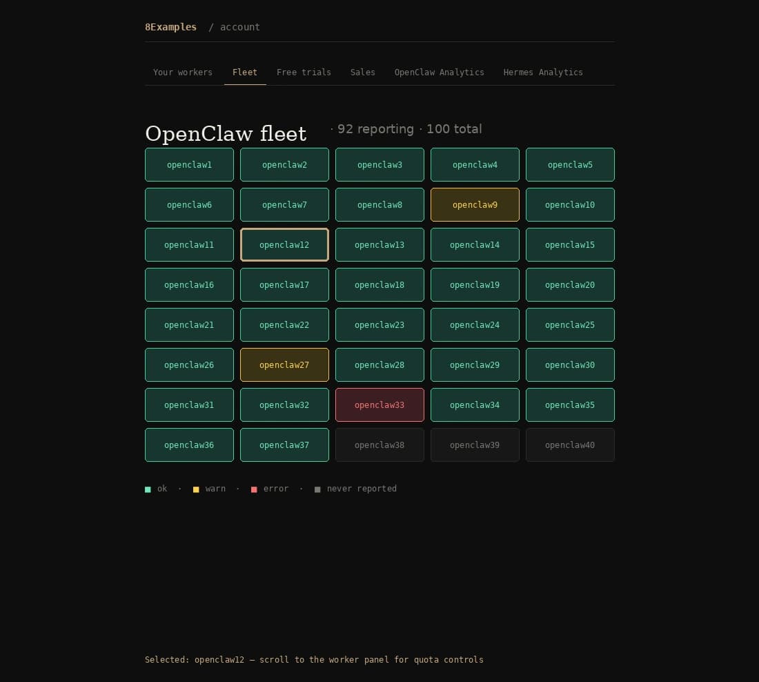 The 8Examples account Fleet page showing an OpenClaw fleet grid with healthy, warning, error, and never-reported workers, with openclaw12 selected