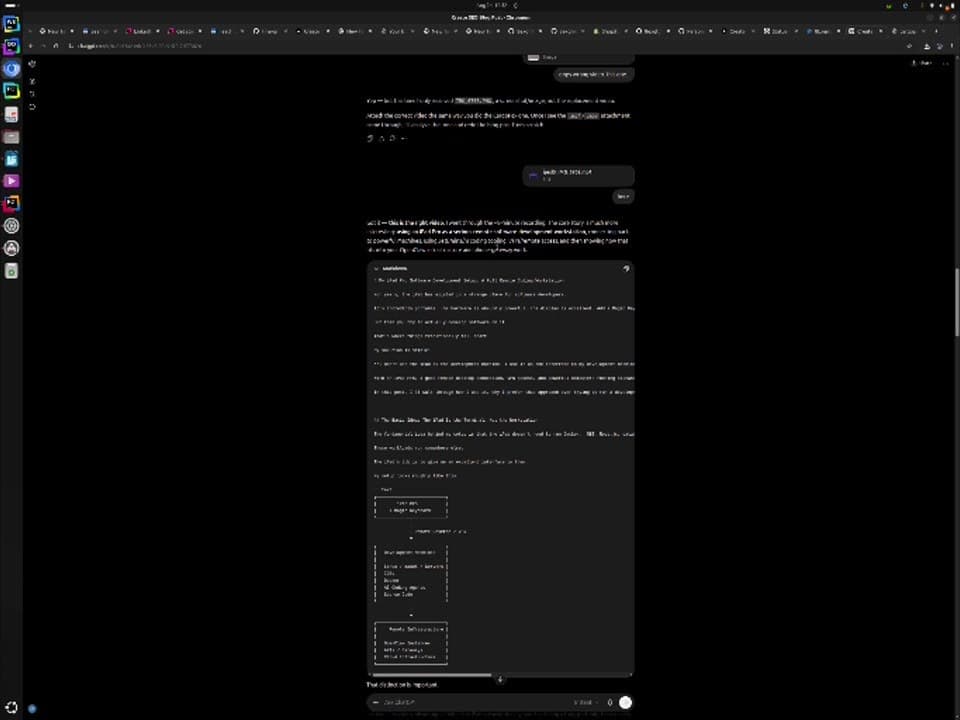 A chat conversation in a browser producing a long technical article draft, with a generated document panel containing an ASCII architecture diagram