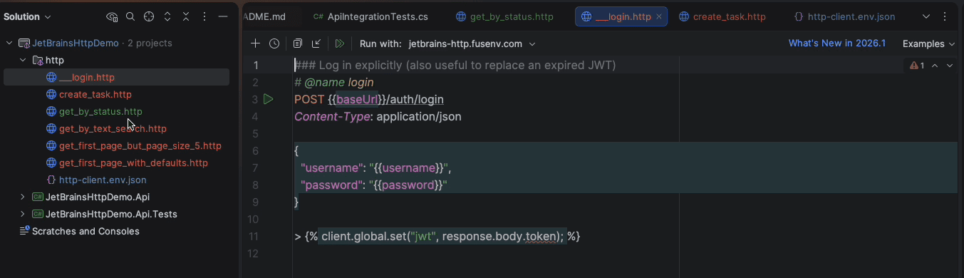 Rider showing the ___login.http request file with a run gutter icon next to the POST line