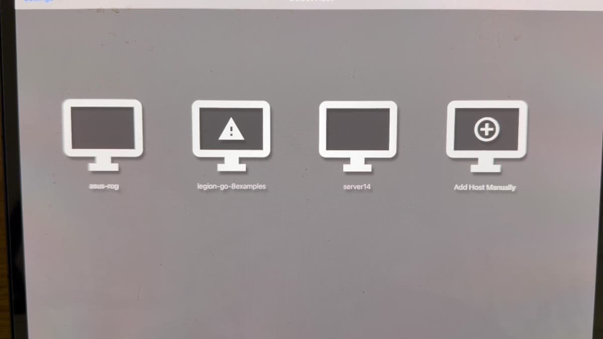A remote desktop host picker on an iPad Pro showing three saved machines named asus-rog, legion-go-8examples and server14, plus an Add Host Manually tile