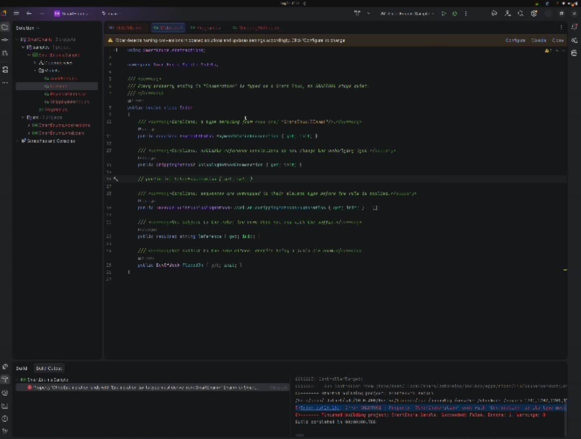 An Order class in the IDE with several properties annotated by XML doc comments explaining which are compliant with the rule and which are not subject to it, with a build error listed below