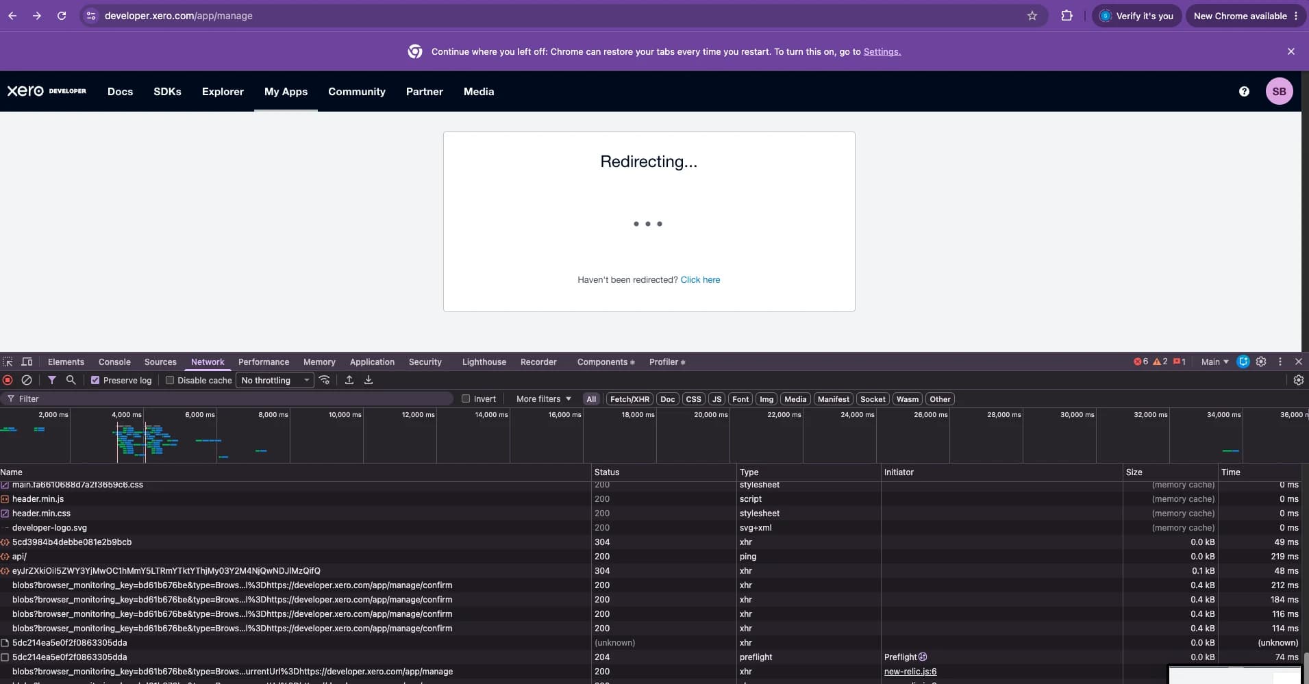 Xero Developer portal stuck on its Redirecting screen