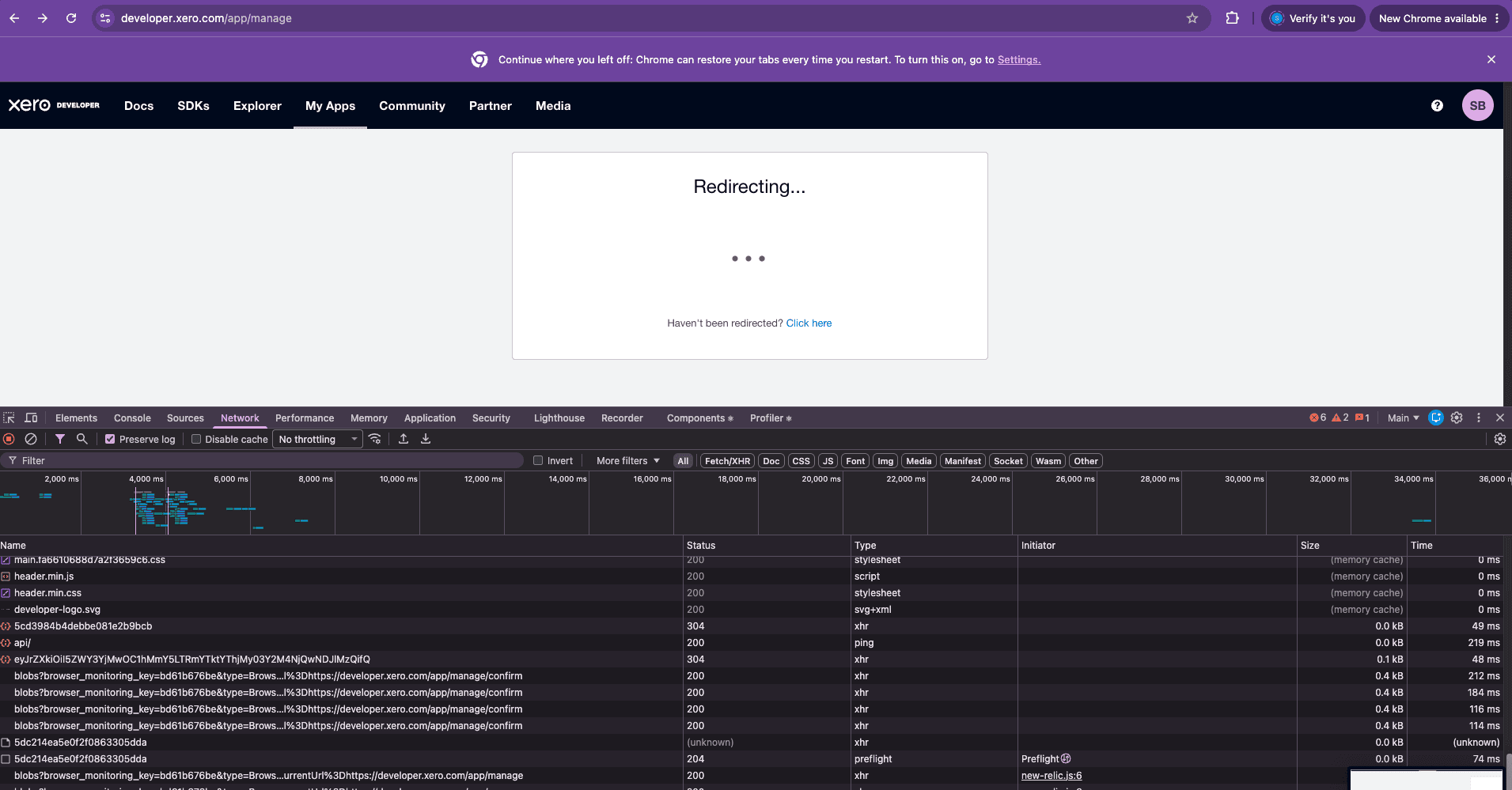 Xero Developer portal stuck indefinitely on a Redirecting screen while its network requests return successful status codes