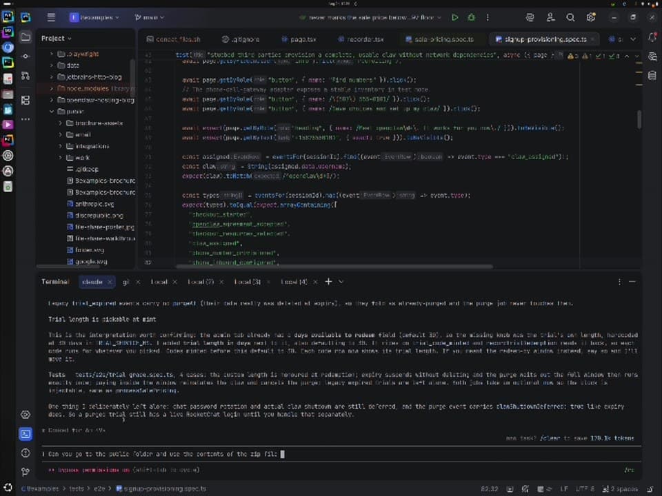 An IDE with the site project open, a Playwright spec in the editor, and an agent session running in the terminal panel below it while a new instruction is typed