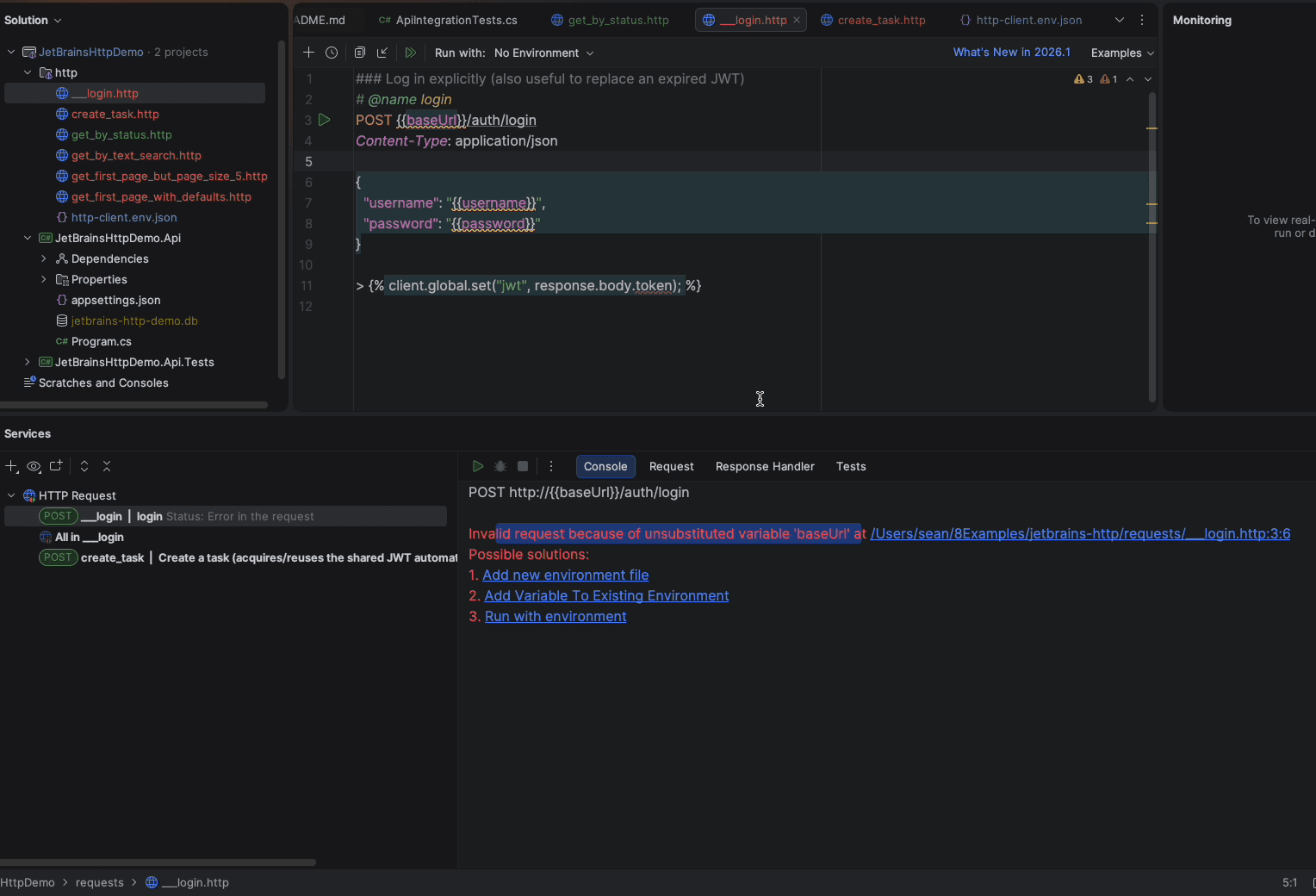 The HTTP Client console reporting an invalid request because of the unsubstituted variable baseUrl, with three suggested fixes