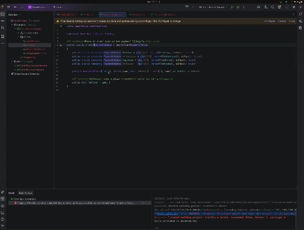 A C# file in Rider defining a sealed PaymentStatus class deriving from SmartEnum with four static readonly members and a private constructor