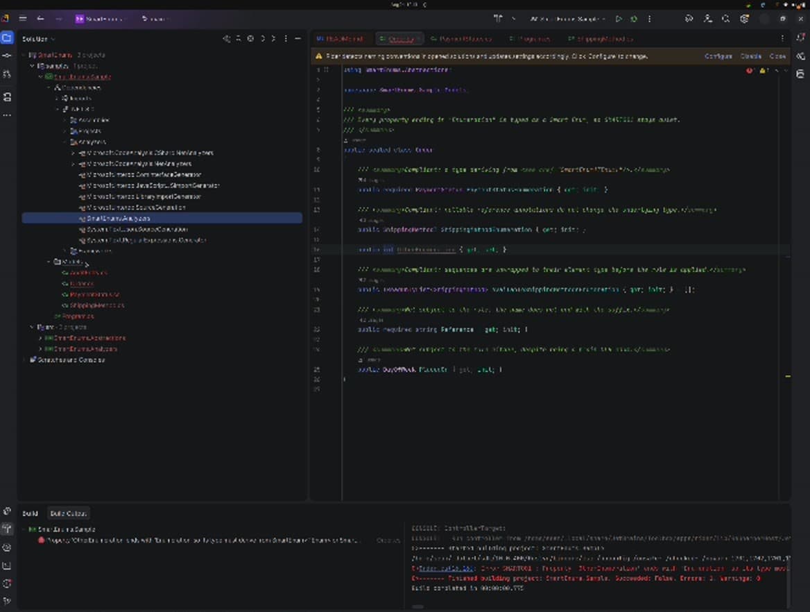The IDE solution tree with the sample project's Analyzers node expanded, showing the custom SmartEnums.Analyzers assembly listed among the Microsoft CodeAnalysis and interop source generators, and the violating property highlighted red in the editor