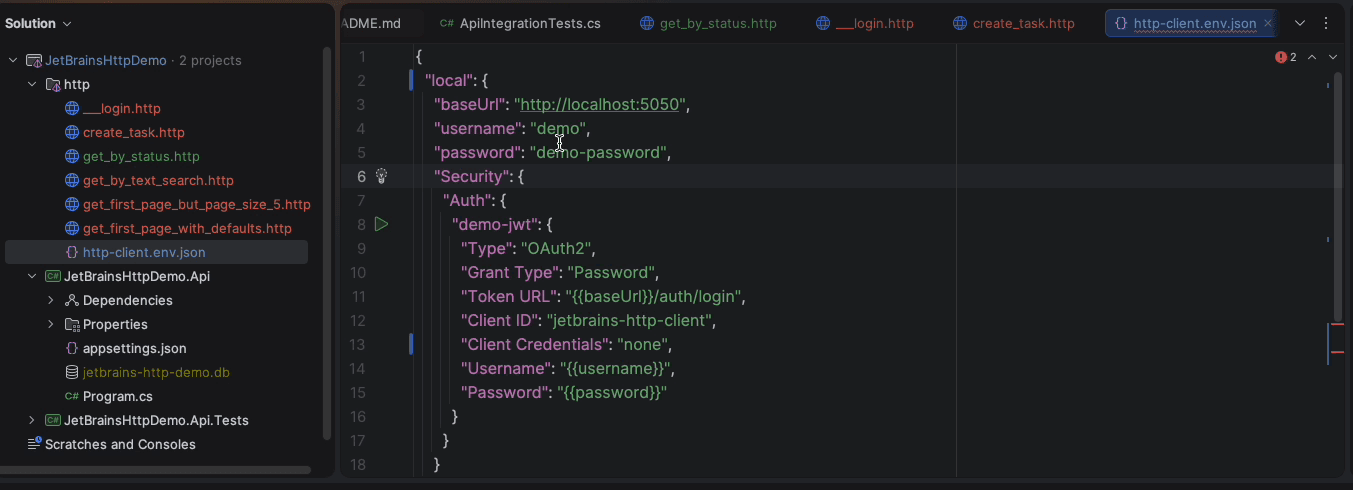 http-client.env.json open in Rider showing the local environment with baseUrl, credentials, and the demo-jwt auth configuration