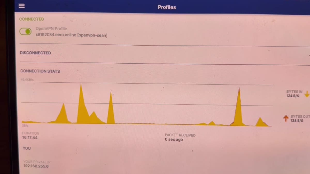 An OpenVPN client on the iPad showing a connected profile, a throughput graph, a connection duration over sixteen hours, and a private LAN IP address