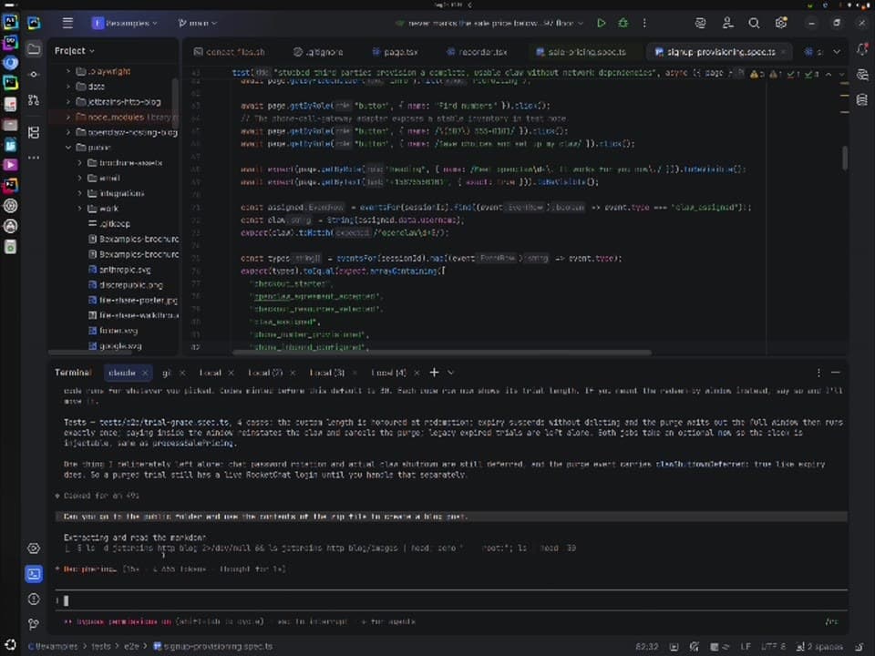 The same IDE with a Playwright end-to-end spec open in the editor, asserting on an ordered list of event types, while the agent works in the terminal below