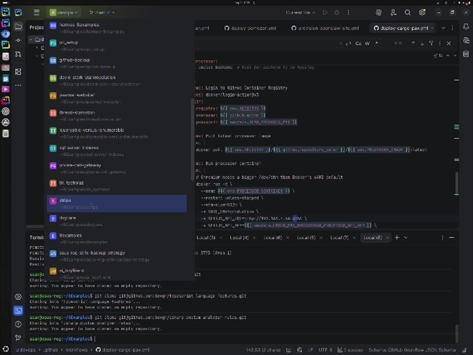 An IDE showing a GitHub Actions deployment workflow file with container registry login and docker run steps, and a project switcher listing many sibling repositories