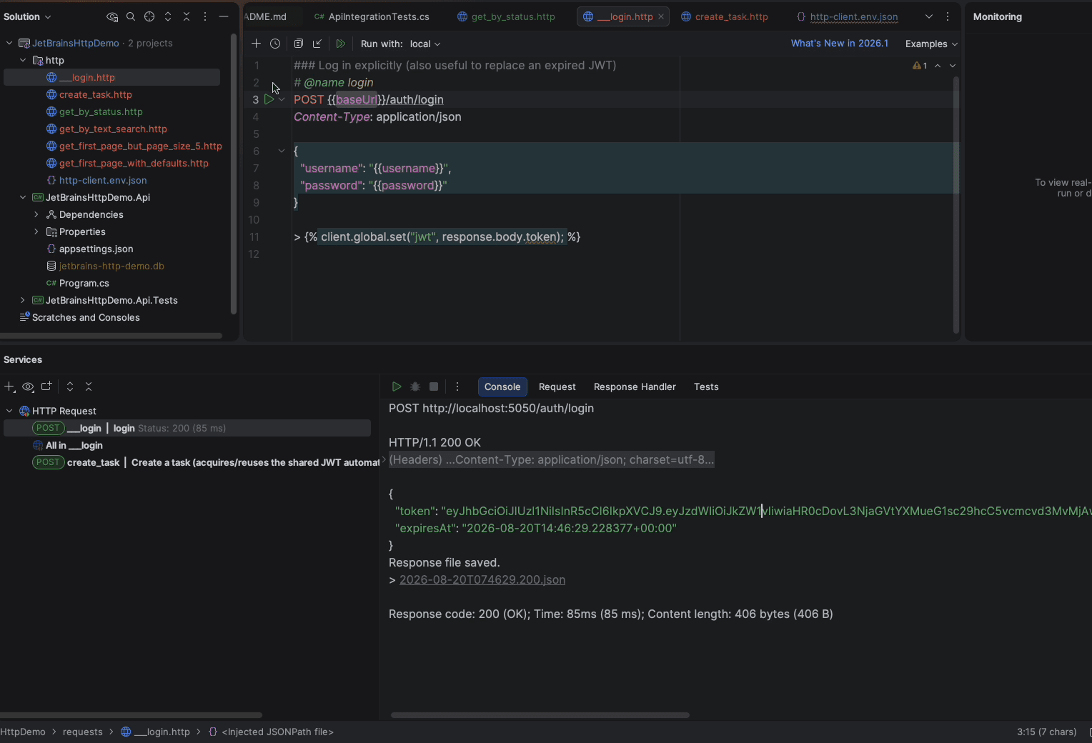 The login request returning HTTP 200 with a JWT token and expiry in the response body