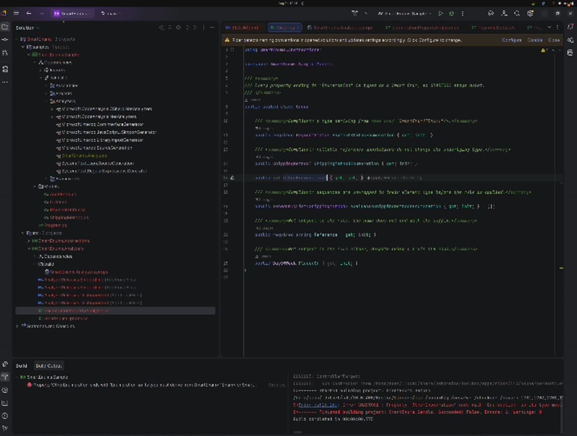 The analyzer project expanded in the solution tree showing the analyzer implementation, an options file, shipped and unshipped analyzer release notes, and an MSBuild props file