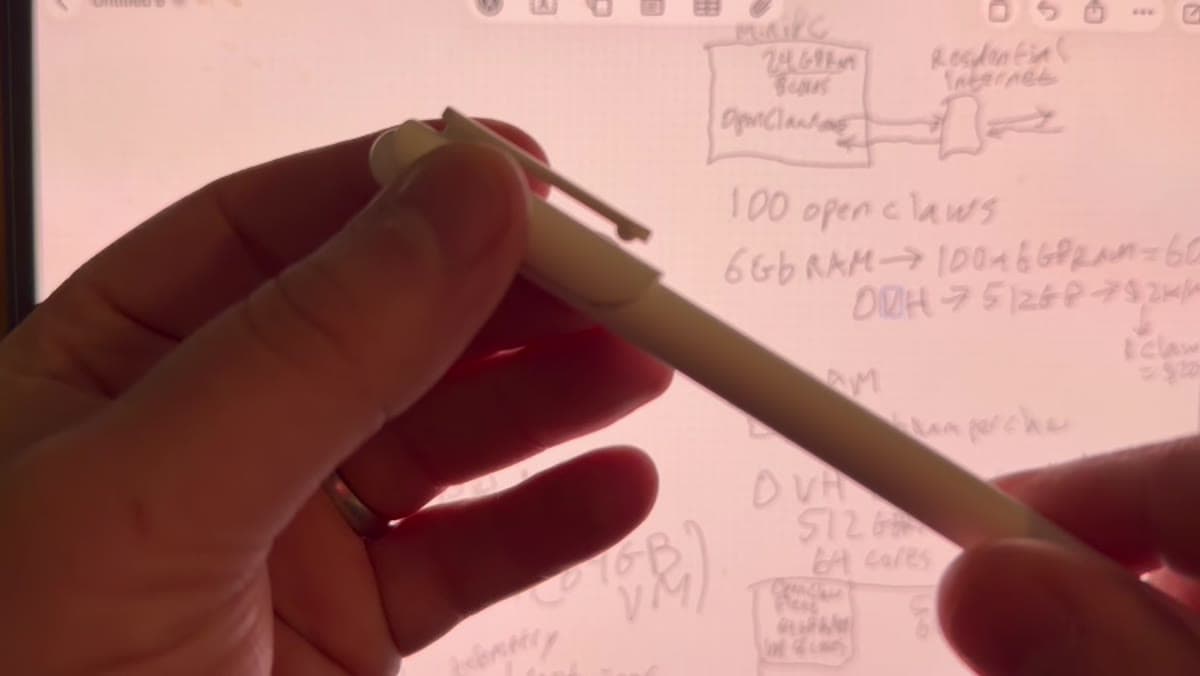 A handwritten note on an iPad sketching a mini PC with 24 GB of RAM running eight claws behind residential internet, next to per-instance RAM math for 100 instances and the monthly cost of a 512 GB dedicated server