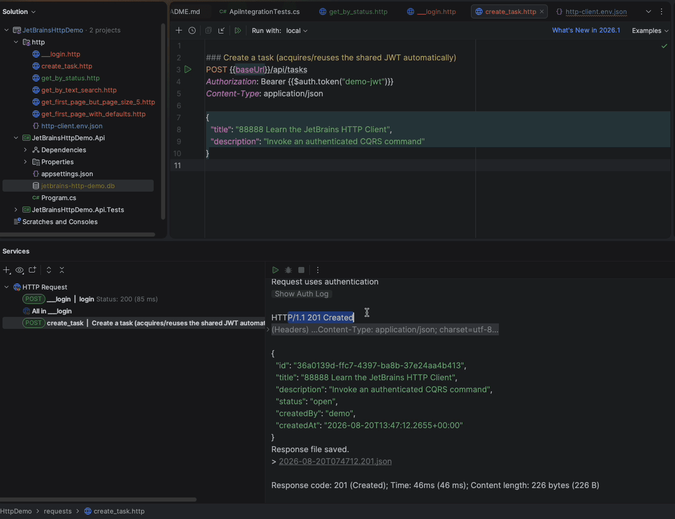 The create task request returning HTTP 201 Created with the new task in the response body
