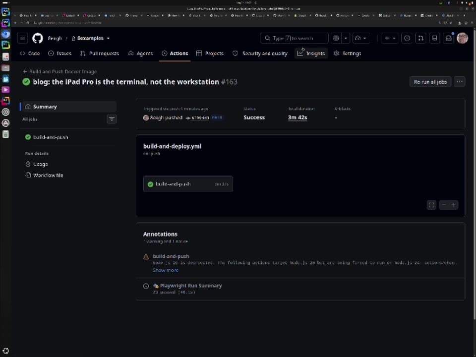 A successful GitHub Actions run titled after a blog post commit, showing a green build-and-push job, a total duration under four minutes, and an annotation reporting 23 Playwright tests passed