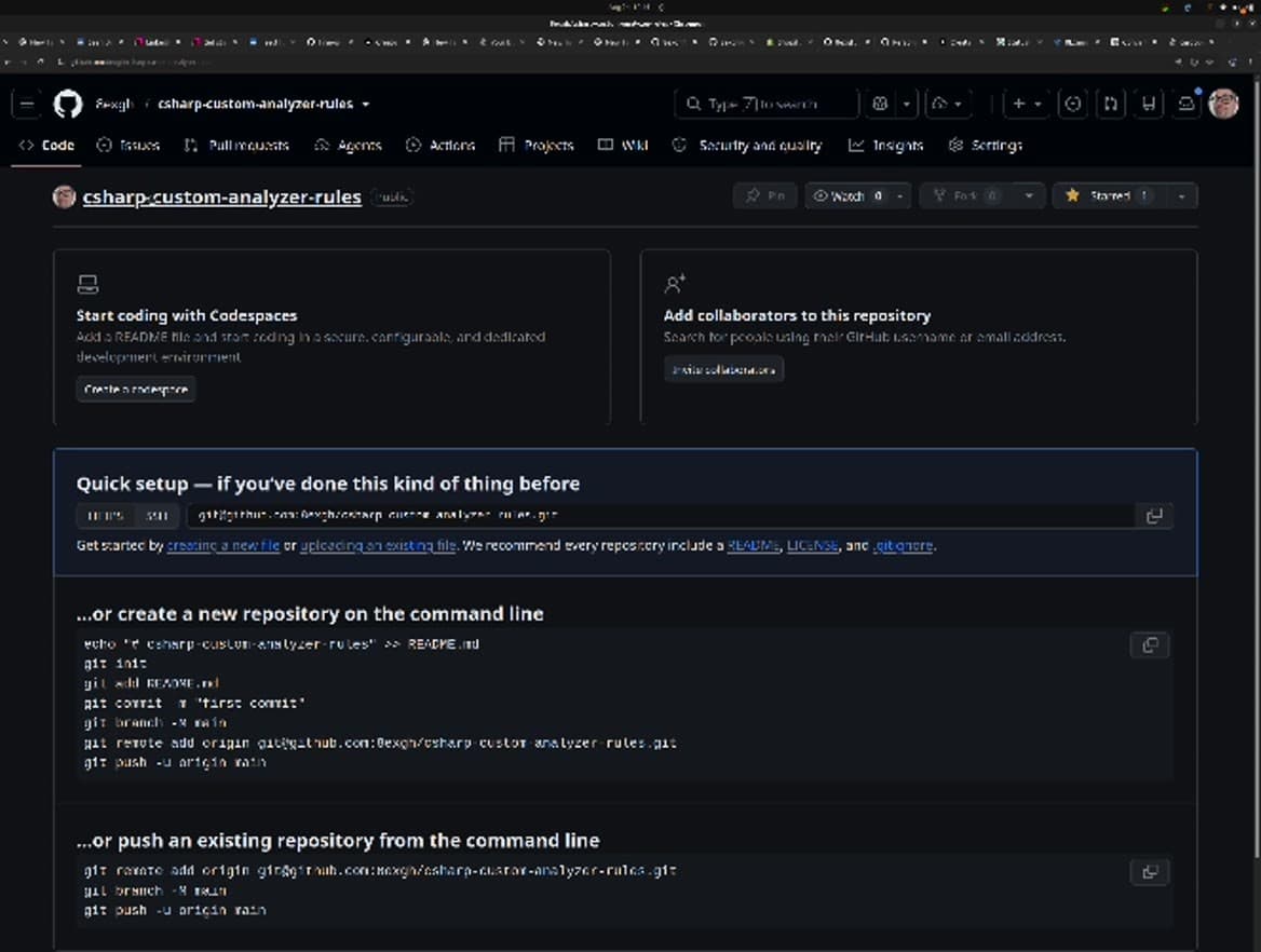 A freshly created empty GitHub repository page for csharp-custom-analyzer-rules showing the quick setup instructions