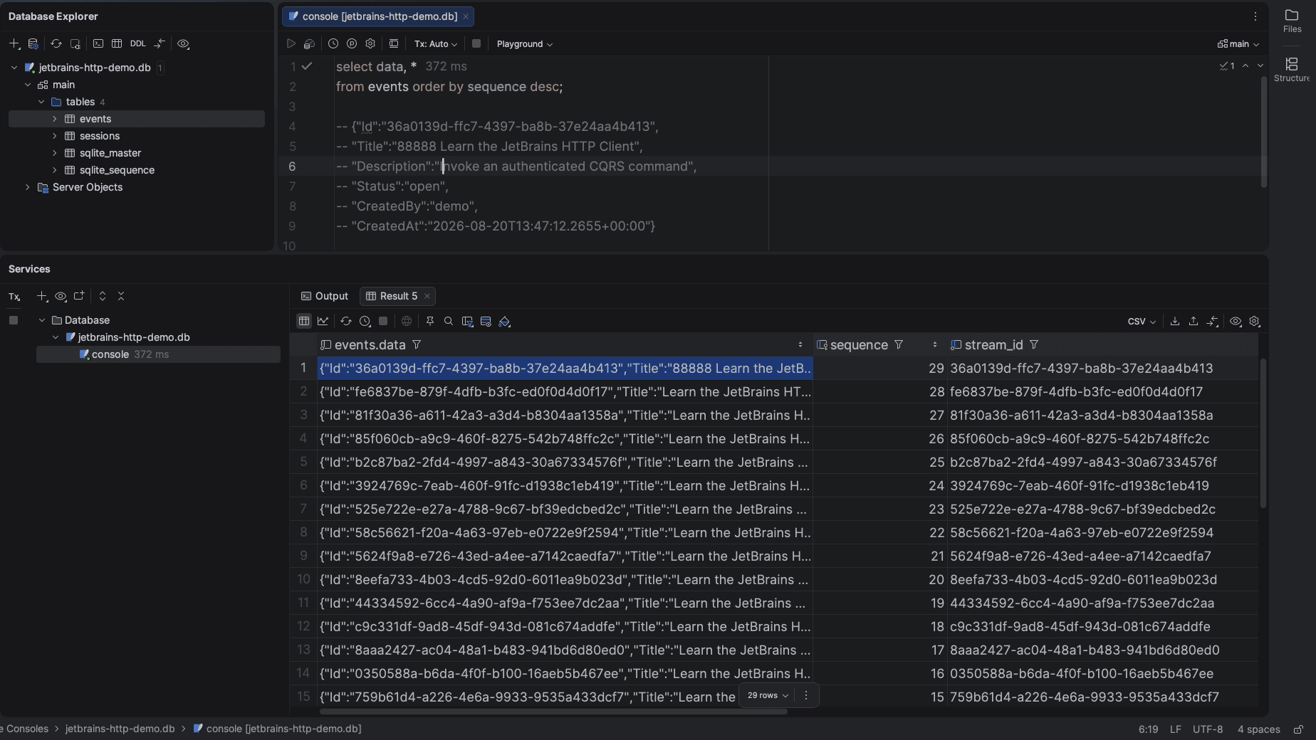 DataGrip showing the events table ordered by sequence descending, with the newest TaskCreated event expanded as JSON in the console