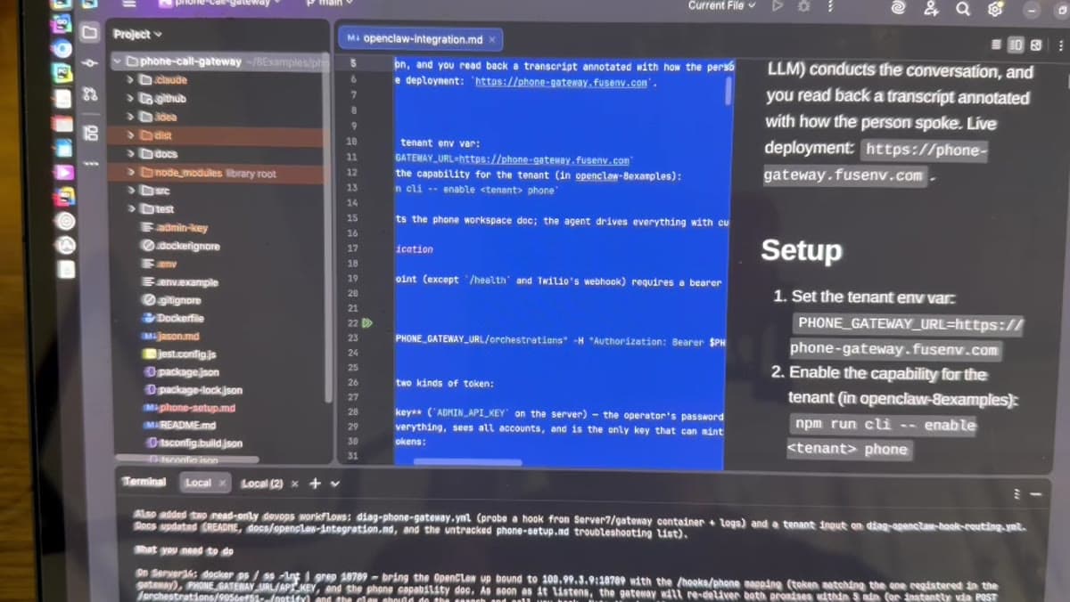 An IDE on the phone-call-gateway project with an OpenClaw integration document open in a markdown preview, showing the gateway URL and the CLI command that enables the phone capability for a tenant, with a terminal below describing the container and hook routing