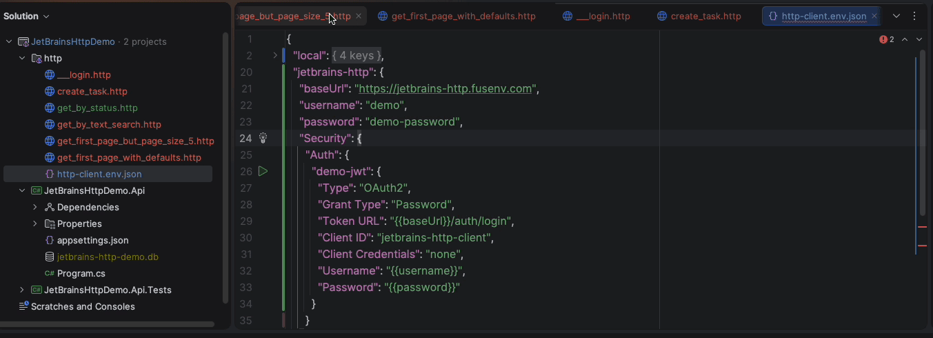 http-client.env.json with a second environment named jetbrains-http whose baseUrl points at the public subdomain