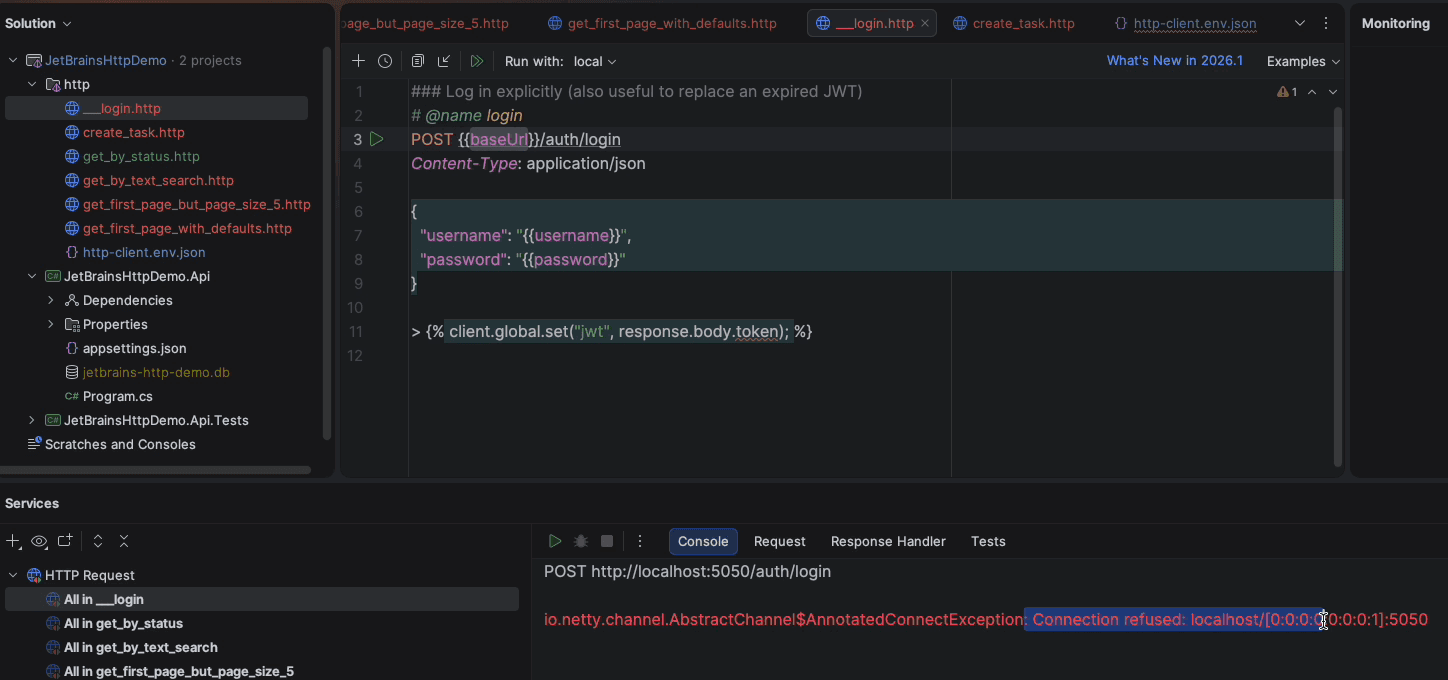 The login request failing with Connection refused on localhost:5050 after the local API was stopped