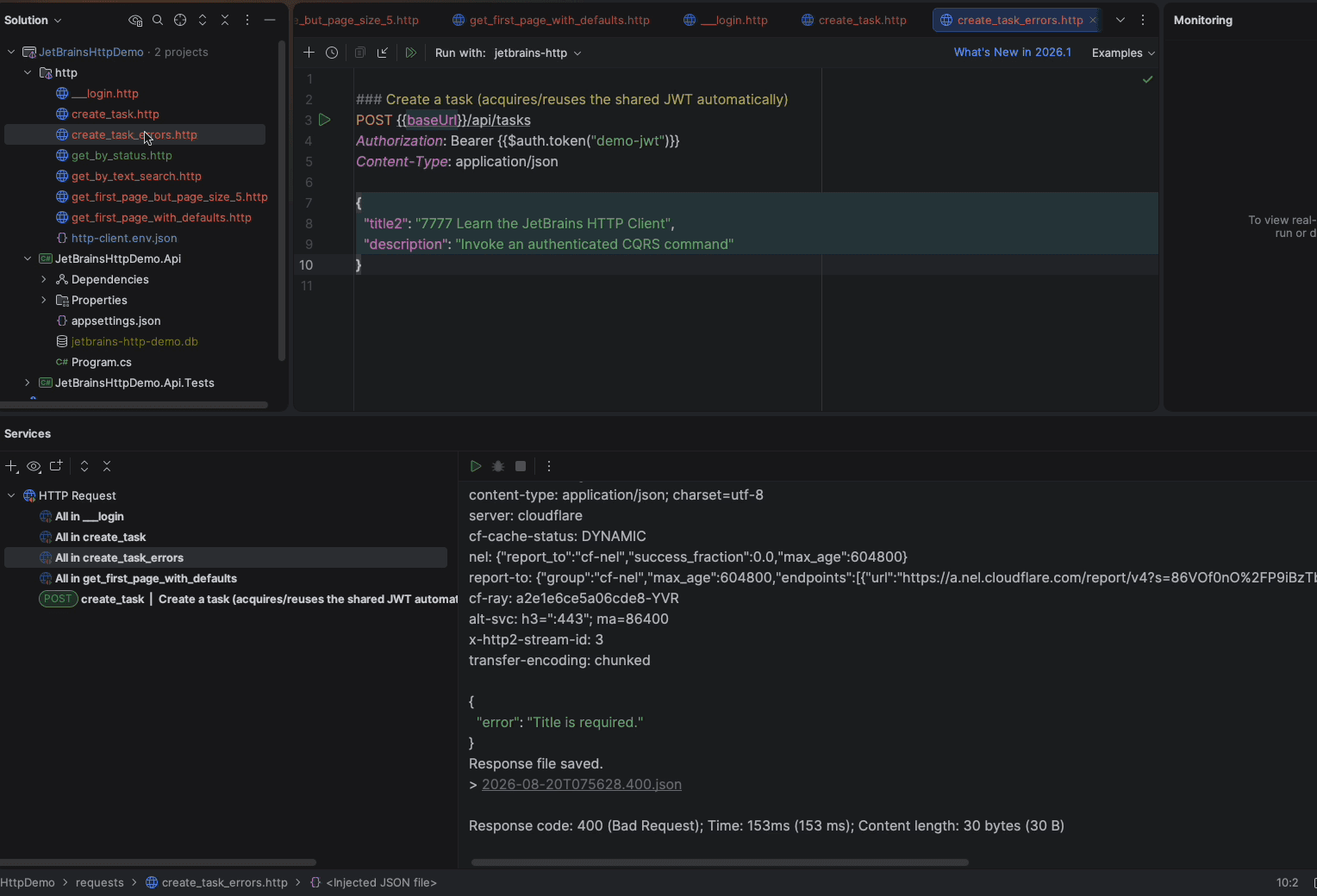 The create_task_errors request returning HTTP 400 Bad Request with the error Title is required, with the Cloudflare response headers expanded