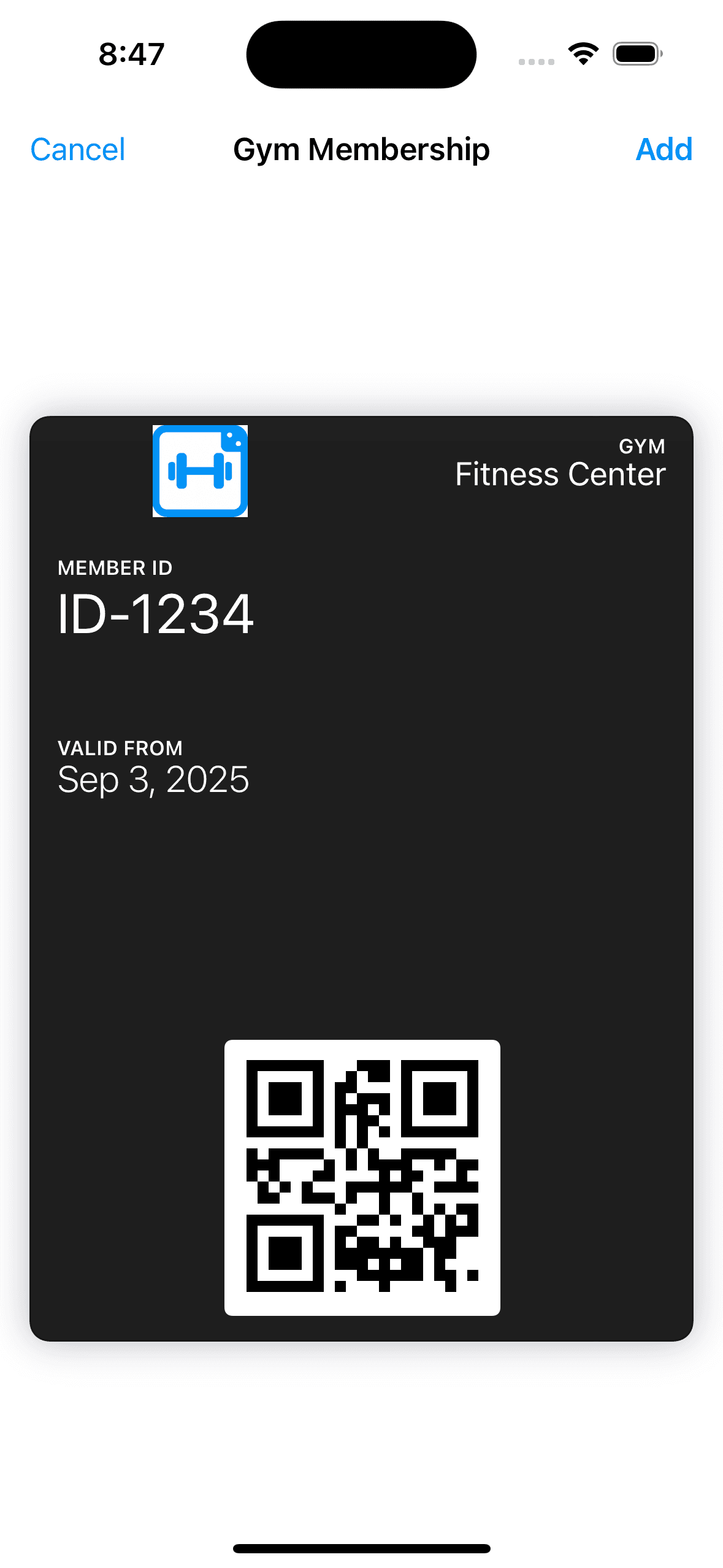 Apple Wallet add-pass preview showing Fitness Center, member ID ID-1234, and a QR code