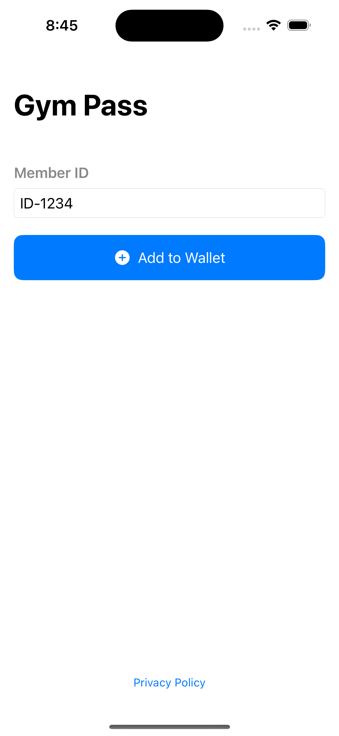 Gym Pass iPhone screen with example member ID ID-1234 and an Add to Wallet button