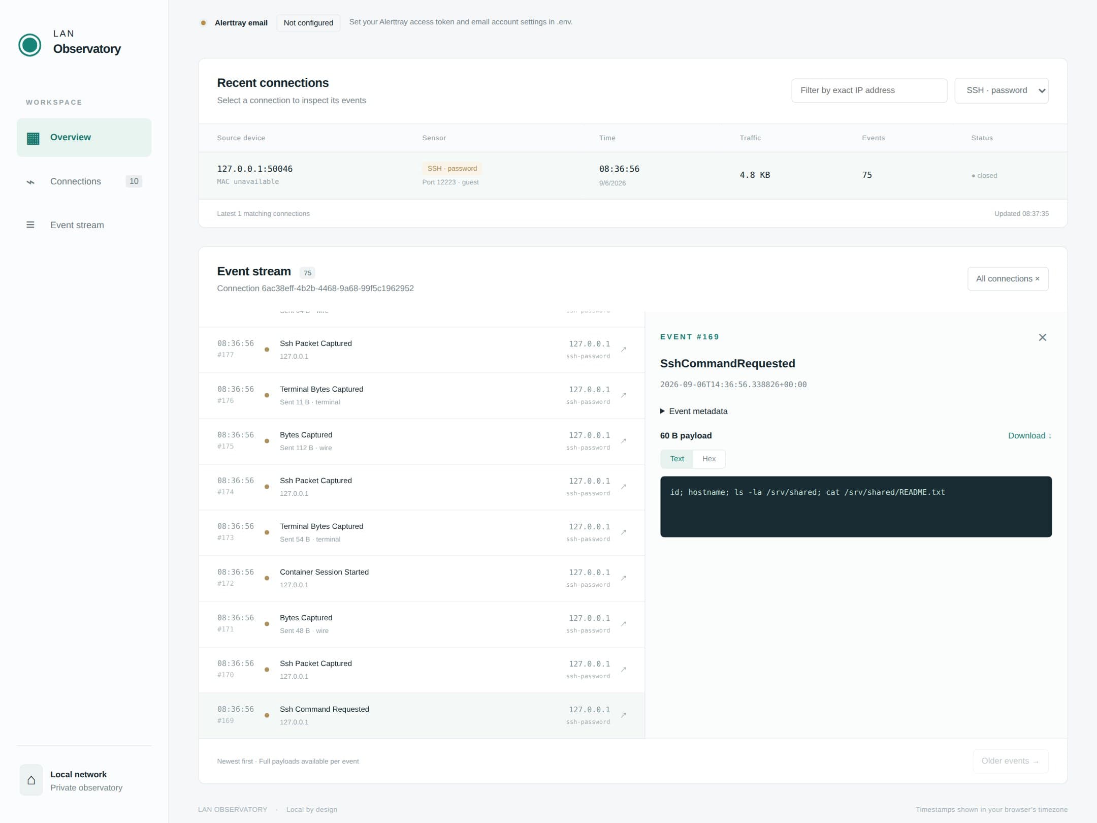 An SSH password session in LAN Observatory with the captured command payload open