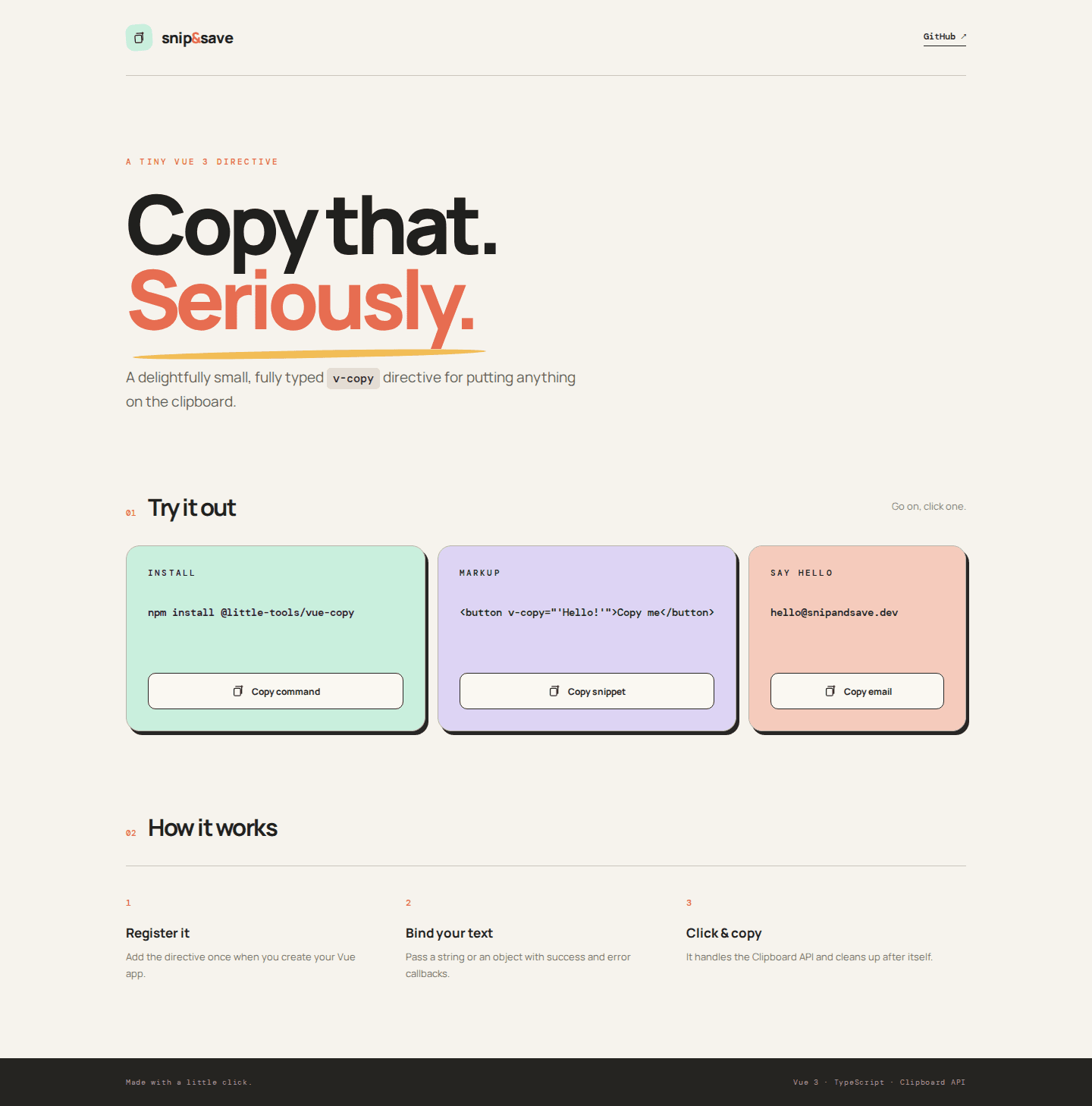 Desktop demonstration with three pastel copy cards for a command, markup snippet, and email address