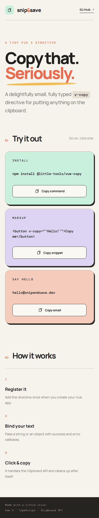 Mobile layout of the Vue copy directive demo with the three copy cards stacked vertically