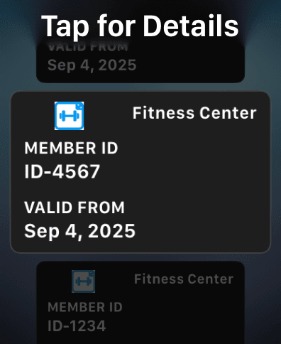 Apple Watch Wallet showing a Fitness Center pass with example member ID ID-4567
