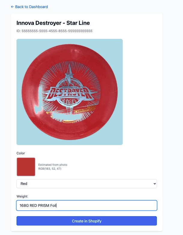Product detail screen: the disc centered on a light blue canvas, the color estimated from the photo, and the weight ready for submission to Shopify