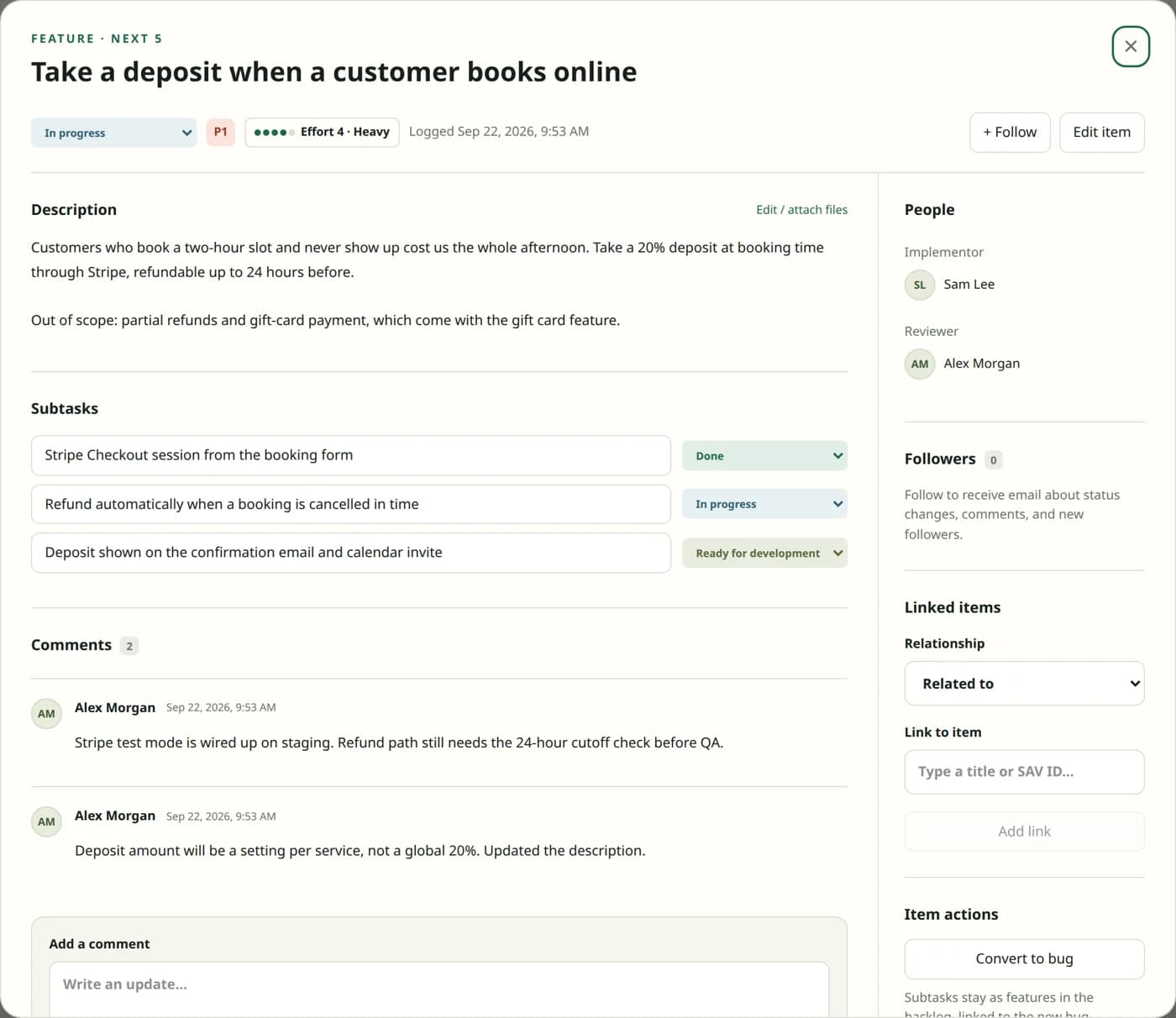 Next 5 Priority item dialog for a P1 feature: state, effort, description, three subtasks with their own states, implementor and reviewer, and comments