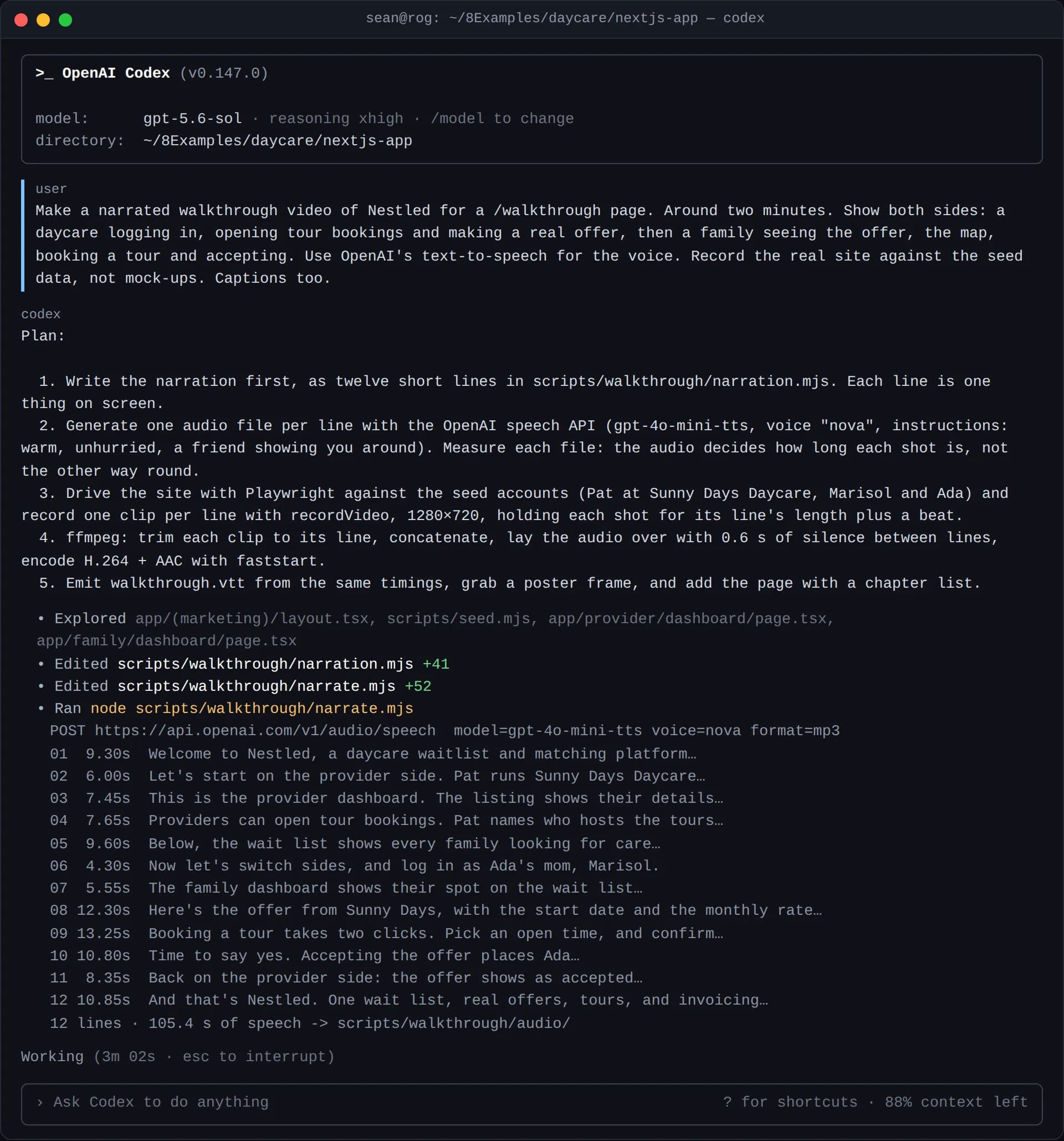 A Codex CLI session in the Nestled repository: the prompt asking for a narrated walkthrough with OpenAI text-to-speech, a five-step plan, and the narration script generating twelve audio files with their durations