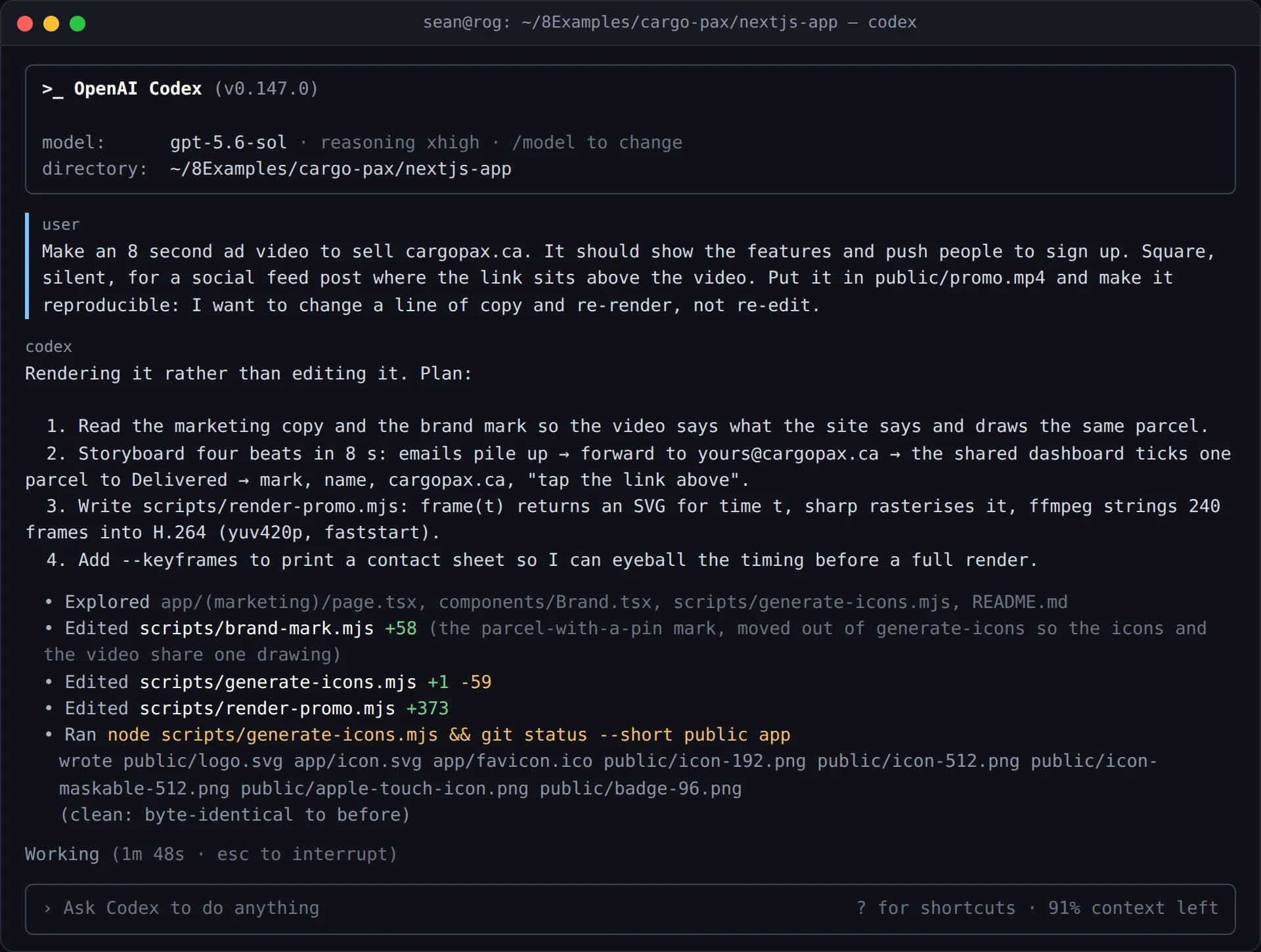 A Codex CLI session in the CargoPax repository: the prompt asking for an eight-second square silent ad, the four-step plan Codex proposed, and the files it explored and edited