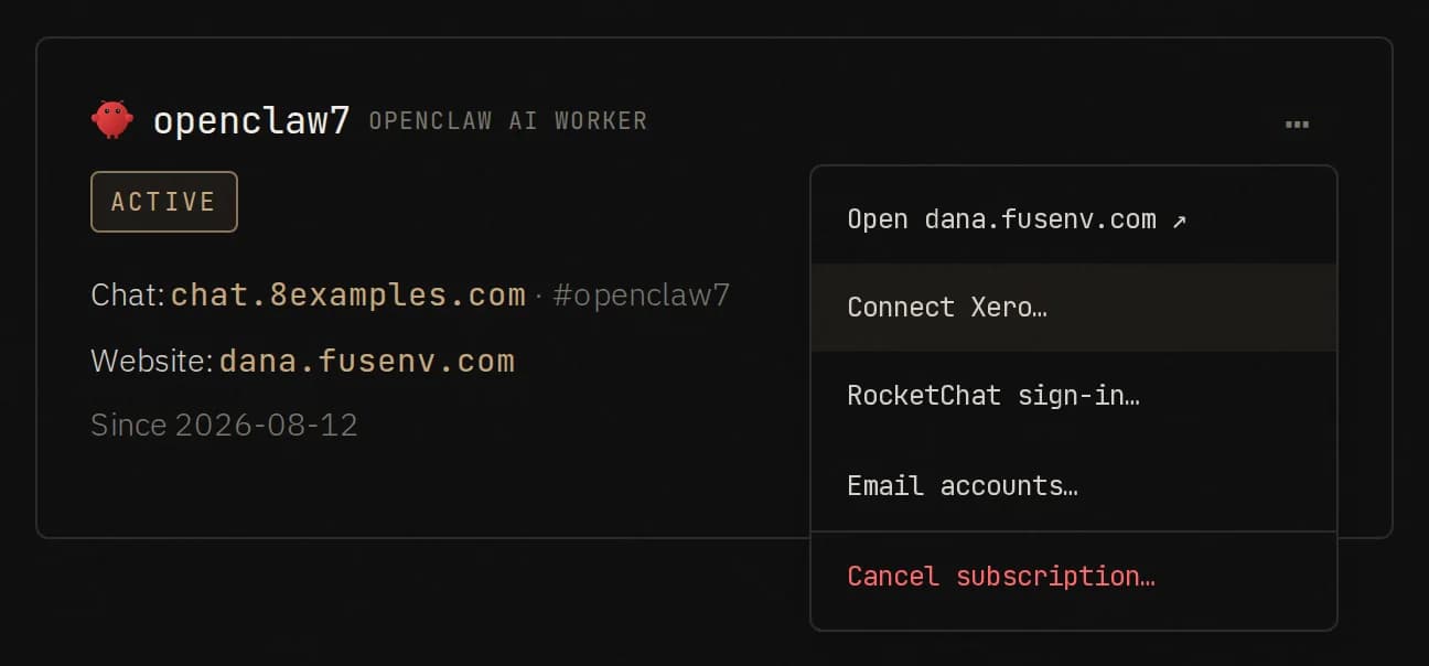 An OpenClaw worker card in the 8Examples account dashboard with its menu open and Connect Xero highlighted