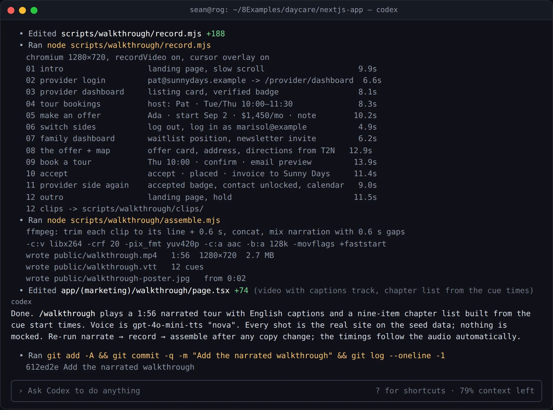The Codex CLI session continuing: the recording script listing twelve clips with their lengths, the assemble step running ffmpeg and writing the MP4, the VTT captions, and the poster, then the walkthrough page being added and committed