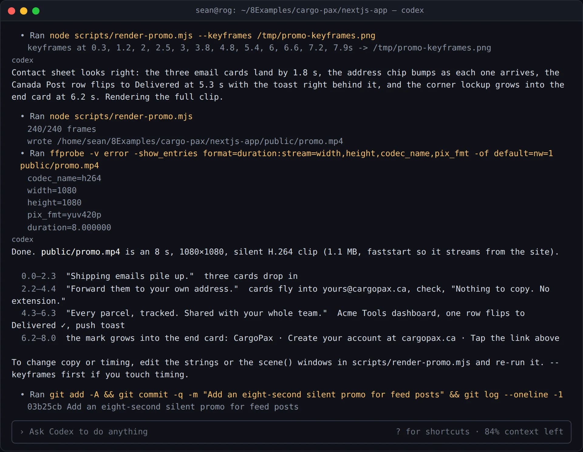 The Codex CLI session continuing: the keyframes command, Codex's read of the contact sheet, the full render writing 240 frames to public/promo.mp4, an ffprobe check, and the commit