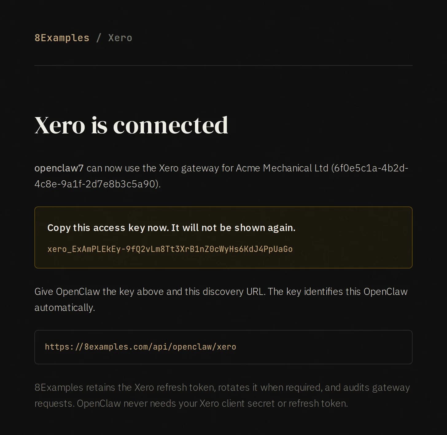 The Xero is connected page on 8examples.com showing the worker name, the authorized organisation, a one-time gateway key, and the discovery URL