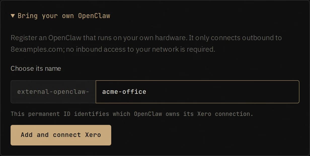 The Bring your own OpenClaw panel in the 8Examples account with a name typed in and an Add and connect Xero button