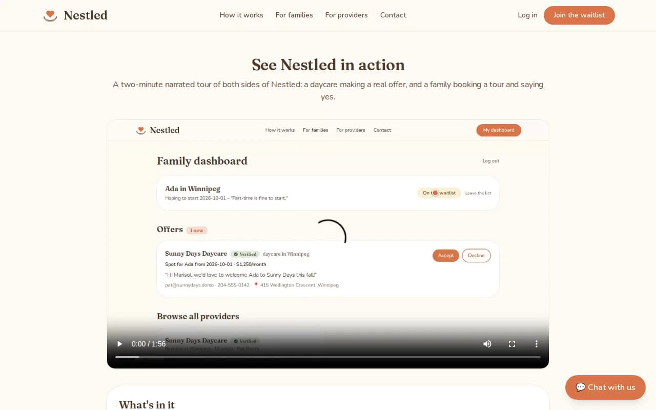The Nestled walkthrough page: a heading reading See Nestled in action, the video player, and a description of the two-minute narrated tour