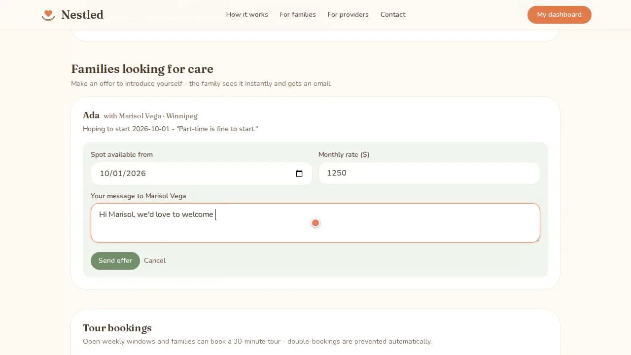 Nestled provider dashboard: Sunny Days Daycare making an offer to a family on the waitlist with a start date, a monthly rate, and a note
