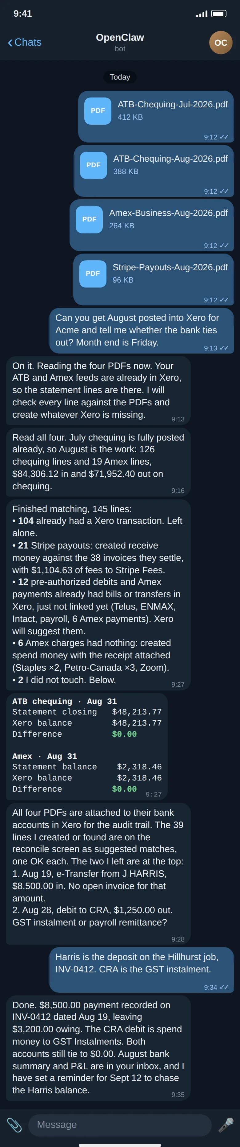 A Telegram conversation in which an owner sends four bank statement PDFs and OpenClaw reports matching 145 statement lines, creating the missing Xero transactions, and both accounts reconciling to a difference of $0.00