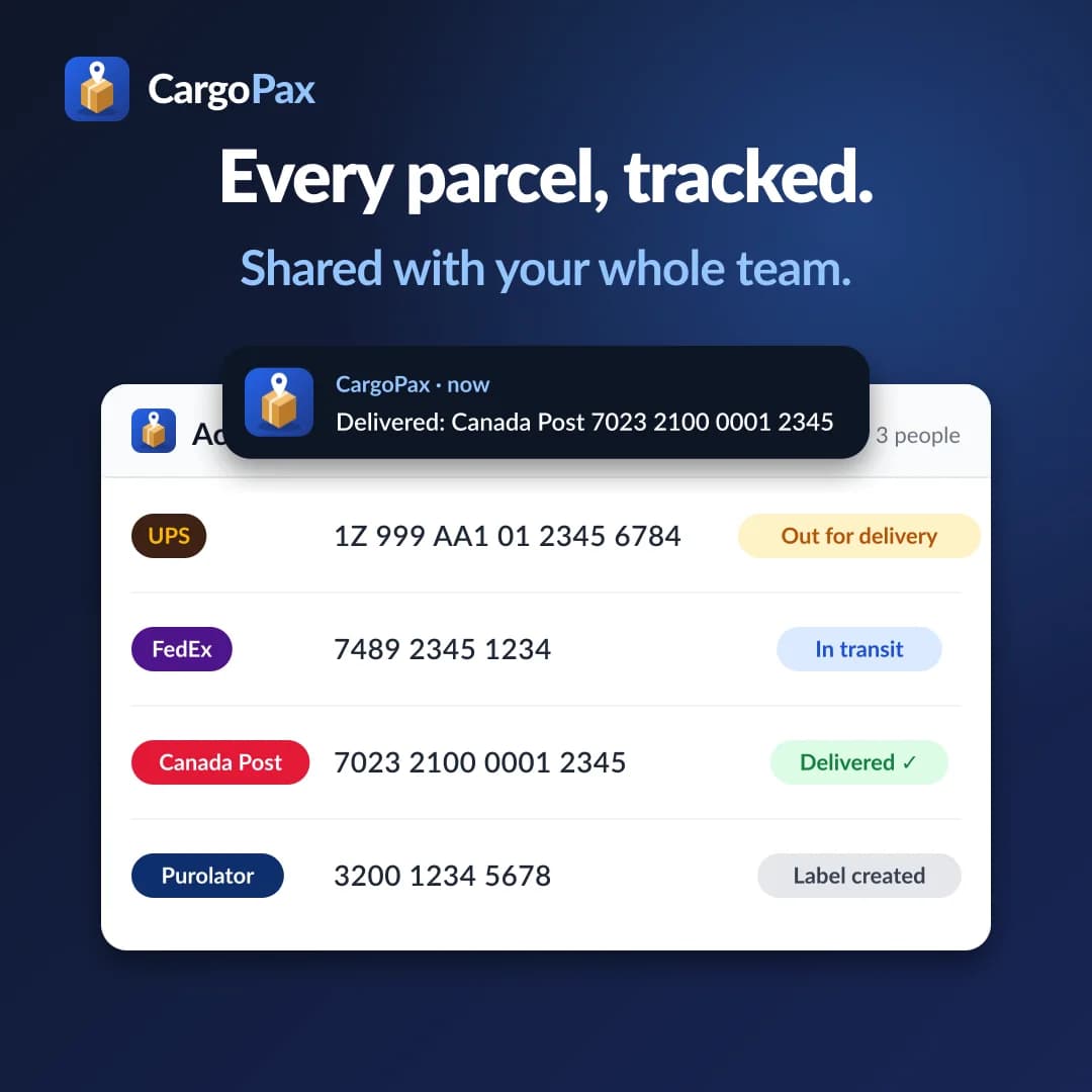 Frame from the third beat: the Acme Tools dashboard with four parcels, one row flipped to Delivered, and a CargoPax notification toast