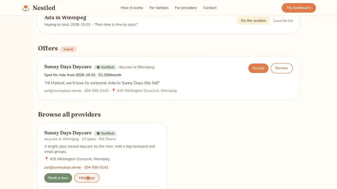 Nestled family dashboard: the offer from Sunny Days with the daycare's address on a map and directions from the family's postal code