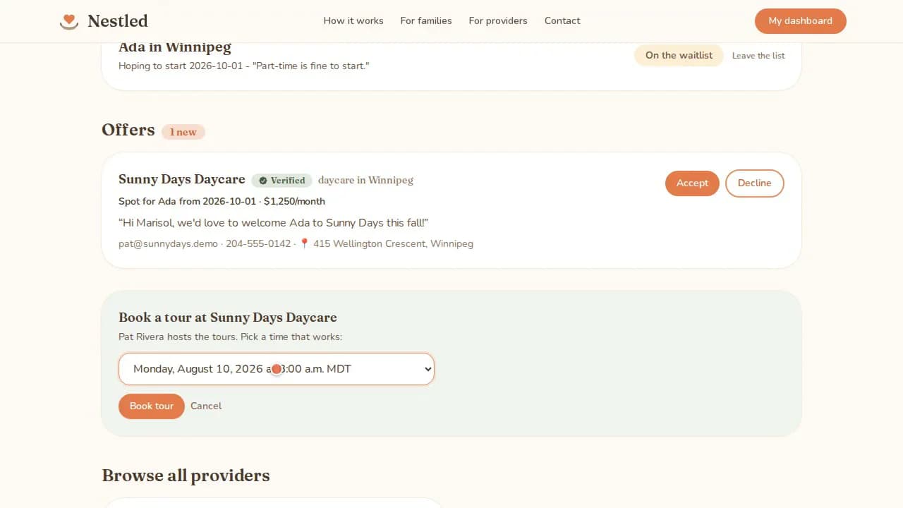 Nestled tour booking: picking an open time and confirming
