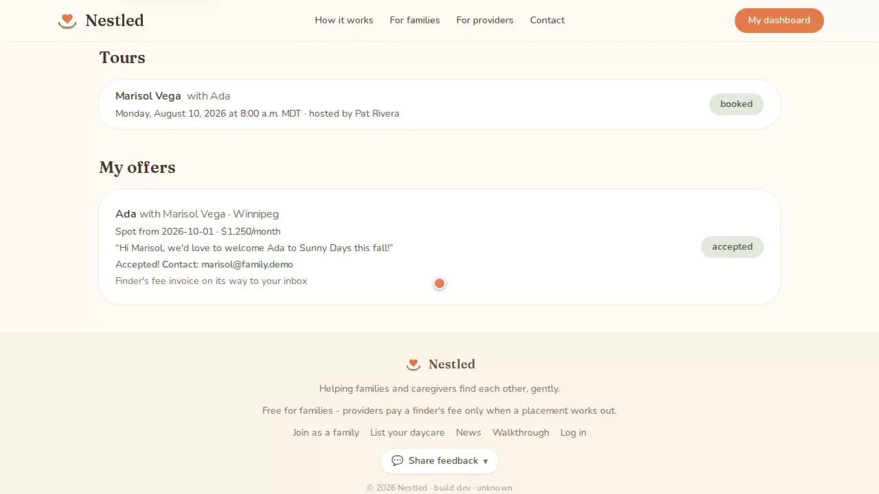 Nestled provider dashboard after acceptance: the offer marked accepted, contact details unlocked, and the tour on the calendar