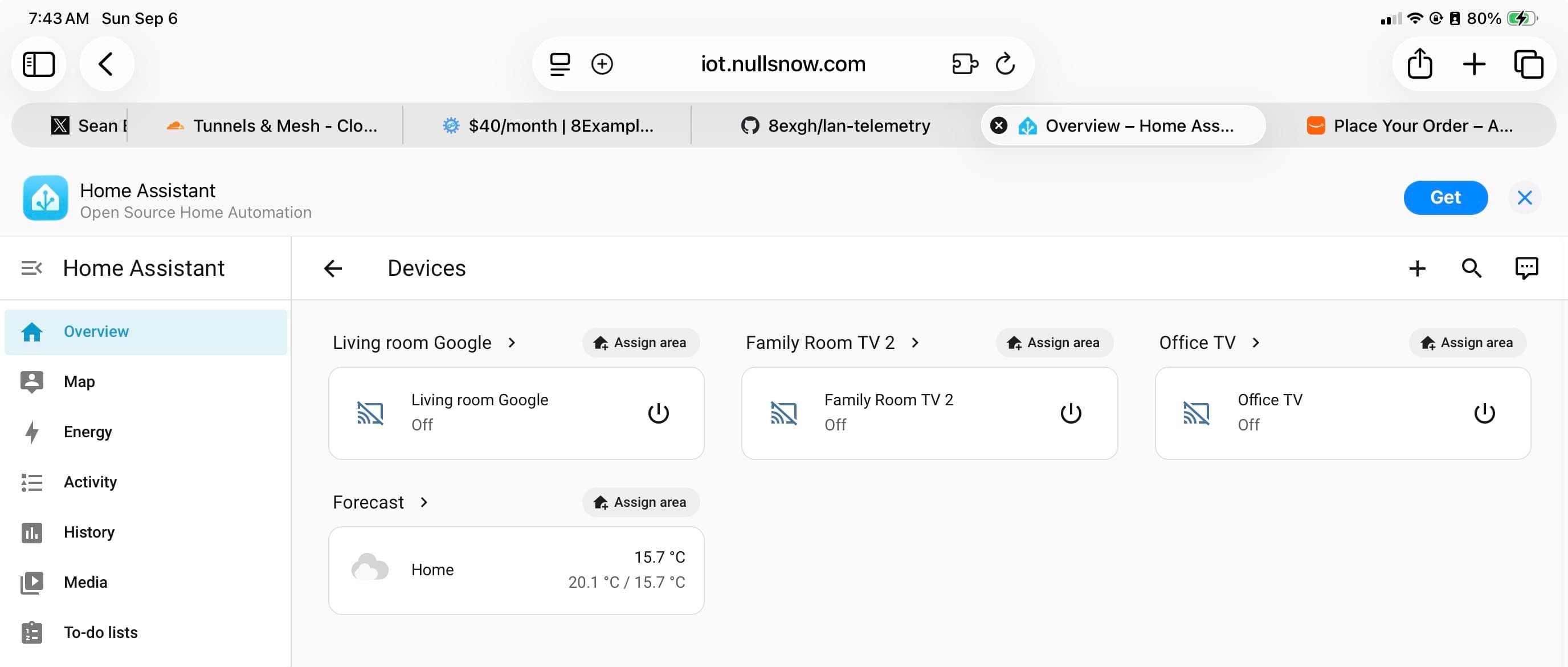 Home Assistant on an iPad at iot.nullsnow.com, showing Living room Google, Family Room TV 2, Office TV, and the weather forecast