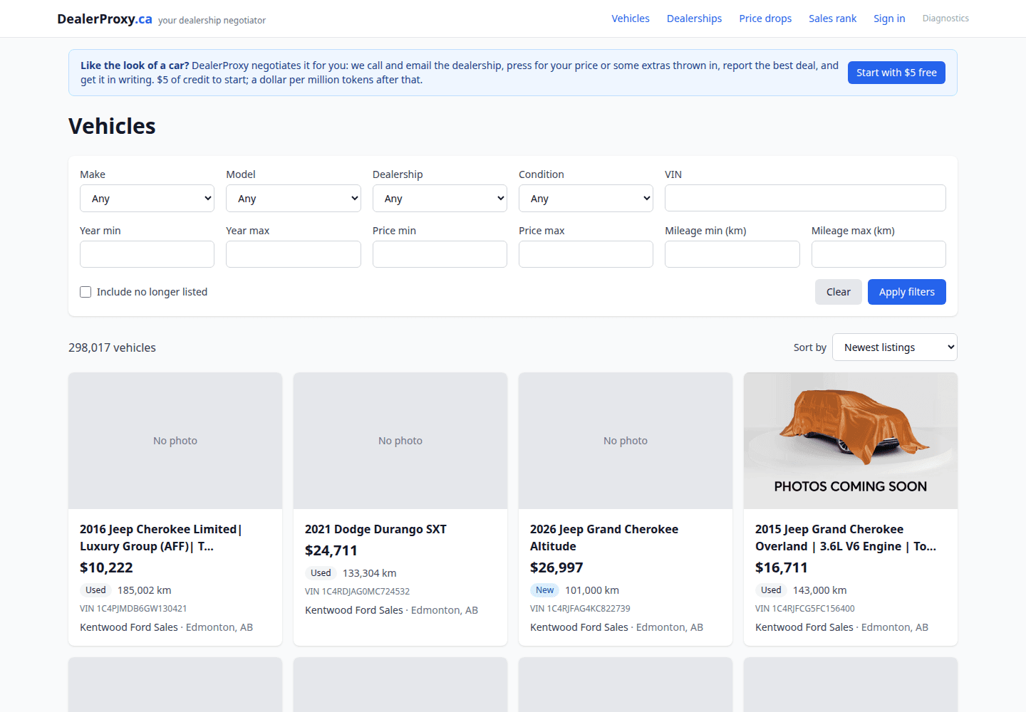 DealerProxy.ca vehicle search with make, model, dealership, condition, VIN, year, price and mileage filters, showing 298,017 vehicles